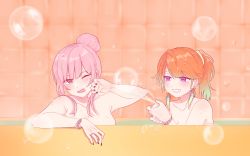 Rule 34 | 2girls, absurdres, bath, bathing, bathroom, black nails, blush, bracelet, collarbone, commentary, earrings, english commentary, feather earrings, feathers, gradient hair, green hair, grin, hair bun, highres, hololive, hololive english, jewelry, long hair, mori calliope, multicolored hair, multiple girls, nail polish, nude, one eye closed, open mouth, orange hair, pink hair, ponytail, purple eyes, red eyes, ring, same-sex bathing, shared bathing, single hair bun, smile, soap bubbles, squirting liquid, takanashi kiara, tera (trs82341711), tile wall, tiles, upper body, virtual youtuber, water, wet, wet hair