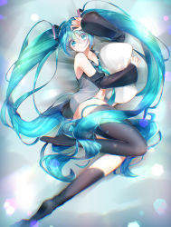Rule 34 | 1girl, absurdres, aqua eyes, aqua hair, aqua necktie, bare shoulders, bed, black sleeves, black thighhighs, blurry, bokeh, commentary, depth of field, detached sleeves, from above, full body, grey shirt, hair ornament, hand on own head, hand up, hatsune miku, highres, hugging object, long hair, looking at viewer, midriff, navel, necktie, open clothes, open shirt, panties, parted lips, pillow, pillow hug, rentama1219, shirt, sleeveless, sleeveless shirt, solo, striped clothes, striped panties, thighhighs, twintails, underwear, very long hair, vocaloid