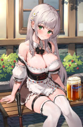 Rule 34 | 1girl, alcohol, apron, bare shoulders, beer, beer mug, bench, blush, breasts, brown skirt, cleavage, closed mouth, corset, cup, flower, frills, green eyes, hair flower, hair ornament, highres, hololive, large breasts, long hair, looking at viewer, mug, shirogane noel, silver hair, sitting, skirt, solo, thighhighs, thighs, underbust, virtual youtuber, waist apron, watao, white apron, white thighhighs