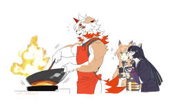 Rule 34 | + +, 1boy, 2girls, animal ears, apron, arknights, begging, black hair, black kimono, blonde hair, blunt ends, bowl, brown jacket, brown skirt, ceobe (arknights), chinese commentary, colored tips, commentary request, cooking, dated, dog boy, dog ears, dog girl, dog tail, drooling, eyeshadow, fire, furry, furry male, holding, holding bowl, horns, hung (arknights), jacket, japanese clothes, kimono, long hair, looking at another, looking up, makeup, multicolored hair, multiple girls, muscular, muscular male, nervous, open mouth, red apron, red eyeshadow, red hair, saga (arknights), signature, simple background, single horn, skirt, sparkle, stove, sweat, tail, white background, white hair, wok, yu yanshu