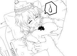 Rule 34 | 1girl, artist request, blush, breasts, censored, closed eyes, greyscale, happy sex, hat, hetero, instrument, large breasts, merlin prismriver, monochrome, open mouth, paizuri, penis, smile, solo focus, sweat, touhou, trumpet