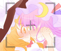 Rule 34 | 2girls, blonde hair, blush, bow, braid, crescent, eye contact, face-to-face, female focus, hair bow, holding hands, hat, hat bow, interlocked fingers, kirisame marisa, looking at another, maitou, mob cap, multiple girls, patchouli knowledge, purple eyes, touhou, viewfinder, witch hat, yellow eyes, yuri