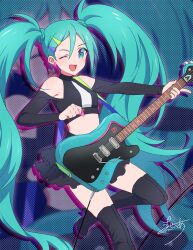 Rule 34 | 1girl, blue eyes, blue hair, blush, boots, clothing cutout, commentary, crop top, electric guitar, guitar, hair ornament, hairclip, hatsune miku, holding, holding guitar, holding instrument, holding plectrum, instrument, kurose nia, long hair, long sleeves, looking at viewer, midriff, nail polish, open mouth, plectrum, shoulder cutout, skirt, solo, standing, standing on one leg, thigh boots, twintails, very long hair, vocaloid