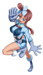 Rule 34 | 10s, 1girl, blue eyes, blue footwear, blush, boots, breasts, classictime, creatures (company), full body, game freak, gloves, gym leader, hair ornament, highres, large breasts, midriff, nintendo, open mouth, pokemon, pokemon bw, red hair, simple background, skyla (pokemon), smile, solo, white background