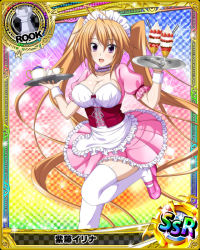 Rule 34 | 1girl, ahoge, breasts, card (medium), chess piece, choker, cleavage, cup, hair between eyes, high school dxd, holding, holding tray, large breasts, long hair, looking at viewer, maid, maid headdress, official art, open mouth, purple eyes, rook (chess), shidou irina, shoes, short sleeves, solo, teacup, teapot, thighhighs, tongue, tray, twintails, wrist cuffs