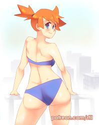 Rule 34 | 1girl, ass, bare shoulders, bikini, blue bikini, blue eyes, blush, breasts, closed mouth, commentary, creatures (company), english commentary, game freak, looking at viewer, misty (pokemon), nintendo, orange hair, patreon username, pokemon, pokemon rgby, rtil, short hair, side ponytail, smile, solo, strapless, strapless bikini, swimsuit