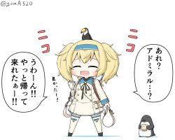 Rule 34 | 1girl, animal, animal on head, bird, bird on head, blonde hair, blue shirt, chibi, closed eyes, commentary request, dress, full body, gambier bay (kancolle), goma (yoku yatta hou jane), groceries, hairband, kantai collection, loafers, map (object), on head, open mouth, penguin, sailor dress, shirt, shoes, simple background, standing, thighhighs, toucan, translation request, twintails, twitter username, wavy mouth, white background, white thighhighs