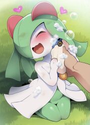 Rule 34 | 1girl, ^ ^, blush, bubble, closed eyes, collarbone, colored skin, creatures (company), dagashi (daga2626), day, dirty, disembodied hand, female focus, flat chest, game freak, gen 2 pokemon, gen 3 pokemon, grass, green hair, green skin, groin, hair over one eye, hand on another&#039;s hand, hands up, happy, heart, highres, holding, holding sponge, kirlia, kneeling, long hair, mareep, multicolored skin, nintendo, nose blush, objectification, on ground, one eye covered, open mouth, outdoors, pokemon, pokemon (creature), raised eyebrows, shiny skin, sidelocks, sitting, smile, soap bubbles, solo focus, sponge, sweat, thighs, two-tone skin, washing another, wavy mouth, white skin