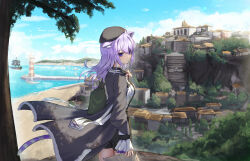Rule 34 | 1girl, animal ear fluff, animal ears, ao ne, beret, black coat, black hat, black shorts, cat ears, cat girl, cat tail, closed mouth, coat, frilled sleeves, frills, hat, highres, holding, holding map, hololive, long sleeves, looking at viewer, map, nekomata okayu, nekomata okayu (wonderland), ocean, official alternate costume, outdoors, playing card theme, purple eyes, purple hair, shirt, shorts, solo, stole, tail, virtual youtuber, white shirt