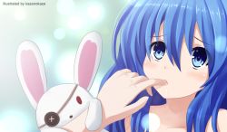 Rule 34 | 10s, 1girl, artist name, blue eyes, blue hair, date a live, eyepatch, finger in another&#039;s mouth, highres, kazenokaze, light particles, long hair, solo focus, stuffed animal, stuffed rabbit, stuffed toy, yoshino (date a live), yoshinon