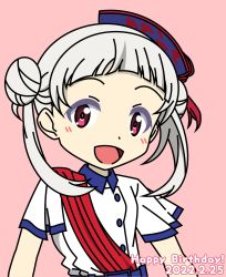 Rule 34 | 1girl, arashi chisato, artist name, artist request, belt, blue belt, blue hat, blush, breasts, buttons, chibi, close-up, collared shirt, double bun, dress, dress shirt, female focus, hair bun, hair ribbon, hat, highres, long hair, looking at viewer, love live!, love live! school idol festival, love live! superstar!!, mini hat, parted lips, pink background, pink ribbon, red eyes, red sash, ribbon, sash, shirt, short sleeves, single sidelock, small breasts, smile, solo, start!! true dreams (love live!), twintails, upper body, white hair, white shirt, wrist ribbon