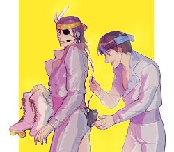Rule 34 | 2boys, black eyes, brown hair, buttons, character request, cho (chorion), cowboy shot, cropped jacket, eyepatch, headband, holding roller skates, jacket, lapels, long sleeves, looking at another, majima goro, male focus, matching outfits, microphone, multiple boys, orange headband, pants, parted lips, pillarboxed, ponytail, radio transceiver, roller skates, ryuu ga gotoku (series), ryuu ga gotoku 0, short hair, skates, star (symbol), star print, very short hair, white jacket, white pants, yellow background