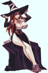 Rule 34 | 1girl, ankle boots, bad id, bad tumblr id, bare legs, bare shoulders, boots, breasts, brown eyes, brown hair, cleavage, corset, crossed ankles, detached sleeves, dragon&#039;s crown, hat, highres, huge breasts, long hair, long skirt, narrow waist, robaato, side slit, sitting, sketch, skirt, solo, sorceress (dragon&#039;s crown), striped, striped sleeves, witch hat