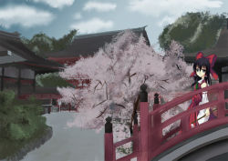 Rule 34 | 1girl, black eyes, black hair, bow, braid, bridge, building, bush, cherry blossoms, cloud, cloudy sky, crown macchiato, day, dress, female focus, frills, hakurei reimu, house, looking at viewer, looking to the side, oimari, outdoors, path, plant, railing, red bow, red dress, river, road, rod, sitting, sky, solo, touhou, tree, white eyes