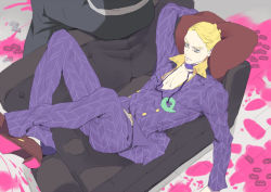 Rule 34 | 1boy, blonde hair, chocolate sable, couch, jewelry, jojo no kimyou na bouken, magatama, magatama necklace, male focus, necklace, prosciutto, solo