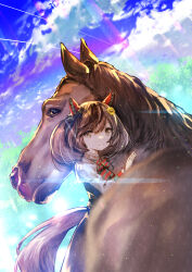 Rule 34 | 1girl, absurdres, animal ears, blurry, blurry foreground, bow, brown eyes, brown hair, cloud, creature and personification, depth of field, dress, hair ornament, hairpin, highres, horse, horse ears, horse girl, horse tail, lens flare, mane, nice nature (racehorse), nice nature (umamusume), sky, smile, tail, twintails, umamusume, usapenpen2019