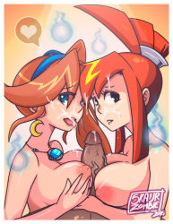 Rule 34 | 1boy, 2girls, ace attorney, athena cykes, breasts, brown hair, capcom, company connection, cooperative paizuri, crossover, cum, cum on hair, facial, ghost trick, heart, large breasts, lynne (ghost trick), multiple girls, nipples, orange hair, paizuri, penis, phoenix wright: ace attorney - dual destinies, side ponytail, skajrzombie, spoken heart, teamwork, uncensored