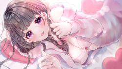 Rule 34 | absurdres, blush, bow, bra, braid, breasts, brown hair, cleavage, hair bow, hair over shoulder, heart, heart-shaped pillow, hexagon, highres, large breasts, long hair, long sleeves, lying, off shoulder, on bed, on side, open clothes, pillow, pink bra, purple eyes, red bow, smile, spaghetti strap, striped clothes, striped sweater, sweater, tongue, tongue out, twin braids, underwear, virtual youtuber