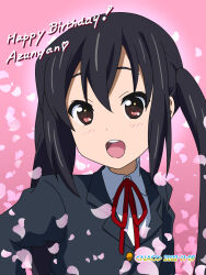 ! 1girl 2022 artist_name birthday black_hair blush brown_eyes character_name dated dot_nose english_text falling_petals feet_out_of_frame female_focus happy_birthday heart_(symbol) k-on! long_hair long_sleeves looking_at_viewer nakano_azusa naotosi_ap naotosi_ap open_mouth petals sakuragaoka_high_school_uniform school_uniform solo twintails