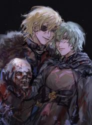 Rule 34 | 2boys, absurdres, armor, black gloves, blonde hair, blood, blood on clothes, blood on face, byleth (fire emblem), byleth (male) (fire emblem), cape, dimitri alexandre blaiddyd, fire emblem, fire emblem: three houses, fur trim, gloves, green eyes, green hair, highres, holding, looking at viewer, multiple boys, nintendo, short hair, simple background, skull, solo, upper body, weapon, wly169168
