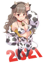 1girl, 2021, animal collar, animal costume, animal ears, animal print, bangs, bell, neck bell, bikini, bikini under clothes, blunt bangs, blush, breasts, brown hair, chinese zodiac, cleavage, collar, commentary, cow costume, cow ears, cow print, cow tail, eyebrows, fake animal ears, fake tail, frown, full body, hand on hip, hand on own head, highres, idolmaster, idolmaster cinderella girls, jumpsuit pull, kamiya nao, large breasts, long hair, long sleeves, looking at viewer, navel, new year, open mouth, print bikini, print jumpsuit, red collar, red eyes, satomura kyou, solo, standing, swimsuit, tail, unzipped, white background, white bikini, year of the ox