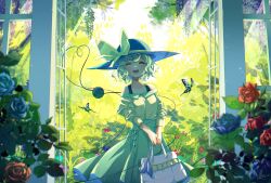 Rule 34 | 1girl, absurdres, adapted costume, animal, bag, black hat, blue flower, blue rose, blush, bug, butterfly, closed eyes, facing viewer, flower, green hair, green skirt, hat, hat ribbon, heart, heart of string, highres, holding, holding bag, insect, komeiji koishi, open mouth, pleated skirt, red flower, red rose, ribbon, rose, shirt, short hair, skirt, smile, solo, tami (joemanyodw), teeth, third eye, touhou, upper teeth only, yellow ribbon, yellow shirt