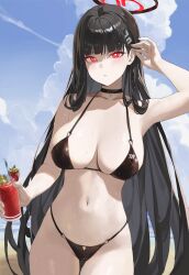 Rule 34 | 1girl, alternate costume, arm up, armpits, bikini, black bikini, black choker, black hair, blue archive, blush, breasts, choker, collarbone, commentary, cup, drink, hair ornament, hairclip, halo, highres, holding, holding cup, ki-16, large breasts, long hair, looking at viewer, navel, outdoors, red eyes, ringed eyes, rio (blue archive), solo, stomach, straight hair, string bikini, swimsuit, very long hair