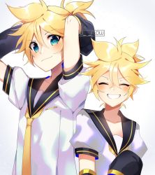 Rule 34 | 2boys, arm warmers, arms behind head, arms up, artist name, black collar, blonde hair, blue eyes, blush, collar, commentary, dual persona, ei flow, english commentary, facing viewer, grin, height difference, kagamine len, looking at viewer, male focus, multiple boys, necktie, sailor collar, school uniform, shirt, short ponytail, short sleeves, smile, spiked hair, vocaloid, white background, white shirt, yellow neckwear