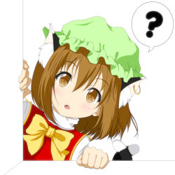 Rule 34 | 1girl, :o, ?, animal ear fluff, animal ears, blouse, blush, bow, bowtie, cat ears, cat tail, chen, earrings, extra ears, fang, female focus, green hat, hair between eyes, hat, high collar, jewelry, leaning to the side, looking at viewer, mitya, mob cap, open mouth, shirt, simple background, single earring, solo, tail, touhou, white background, white shirt, yellow bow, yellow bowtie