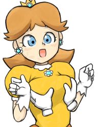 Rule 34 | 1girl, blue eyes, blush, grabbing another&#039;s breast, breasts, crown, dress, earrings, female focus, gloves, grabbing, groping, highres, jewelry, mario (series), nintendo, open mouth, orange hair, princess daisy, solo focus, super mario bros. 1, super mario land, yamii (yame83)