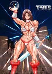 Rule 34 | abs, breasts, brown hair, cleavage, golden axe, muscular, power-up, sega, sword, tyris flare, weapon