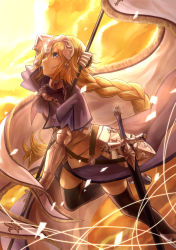 Rule 34 | 1girl, absurdres, arm behind head, armor, armored dress, banner, black thighhighs, blonde hair, blue dress, blue eyes, bow, braid, breasts, breasts apart, day, dress, fate/apocrypha, fate (series), hair bow, highres, holding, holding weapon, jeanne d&#039;arc (fate), jeanne d&#039;arc (ruler) (fate), long hair, medium breasts, sheath, sheathed, solo, thighhighs, very long hair, weapon