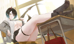 1girl absurdres azur_lane black_hair breasts desk feet gradient_hair highres looking_at_viewer medium_hair multicolored_hair open_clothes open_shirt school_desk see-through_clothes see-through_legwear socks soles suo_bu_ye_feng toes ulrich_von_hutten_(azur_lane) ulrich_von_hutten_(what_comes_after_the_bell)_(azur_lane) yellow_eyes