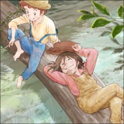Rule 34 | 10s, 2014, 2boys, barefoot, blouse, blue pants, brown overalls, dated, eye contact, fishing, friends, grass, hat, unworn hat, hat tip, unworn headwear, huckleberry finn, knee up, leaf, looking at another, lying, mouth hold, multiple boys, oekaki, on back, outdoors, overalls, pants, pink shirt, plant, retro artstyle, river, sakai yume, shirt, sitting, smile, the adventures of tom sawyer, thomas sawyer, tom sawyer no bouken, tree, vines, water, world masterpiece theater