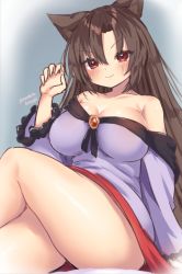 Rule 34 | 1girl, animal ears, blue shirt, blush, breasts, brown hair, claw pose, cleavage, collarbone, crossed legs, feet out of frame, imaizumi kagerou, large breasts, long hair, looking at viewer, off shoulder, one-hour drawing challenge, onomiya, red eyes, shirt, smile, solo, thighs, touhou, twitter username, v-shaped eyebrows, very long hair, wolf ears