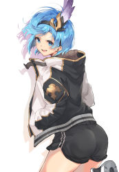 Rule 34 | 1girl, :d, absurdres, ass, black footwear, black hairband, black jacket, black shorts, blue eyes, blue hair, blush, commentary request, cowboy shot, djeeta (granblue fantasy), dolphin shorts, feather hair ornament, feathers, from behind, granblue fantasy, hair ornament, hairband, hands in pockets, highres, hood, hooded jacket, jacket, laz (ackf3885), leg up, long sleeves, looking at viewer, looking back, open clothes, open jacket, open mouth, short hair, short shorts, shorts, side slit, simple background, smile, solo, standing, standing on one leg, v-shaped eyebrows, white background
