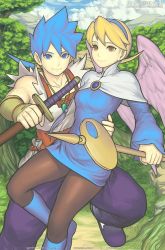 Rule 34 | 1boy, 1girl, angel wings, blonde hair, blue eyes, blue footwear, blue hair, breasts, breath of fire, breath of fire iv, capcom, closed mouth, dress, feathered wings, gofelem, hairband, jewelry, looking at viewer, nina (breath of fire iv), pantyhose, ponytail, ryuu (breath of fire iv), short hair, smile, staff, sword, weapon, wings