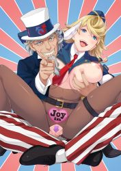 Rule 34 | 1boy, 1girl, beard, belt, blonde hair, blue eyes, blush, breastless clothes, breasts, butcha-u, censored, crotchless, crotchless pantyhose, facial hair, flight attendant, functionally nude, game cg, gloves, grabbing, grabbing another&#039;s breast, groin, happy, happy sex, hat, hetero, highres, kenzen! hentai kouboku no tsutome, large breasts, legs, looking at viewer, medium hair, mini hat, navel, nipples, no panties, original, pants, pantyhose, penis, pointing, pointing at viewer, pussy, salute, sex, simple background, sitting, skin tight, smile, striped clothes, striped pants, sweat, thighs, travel attendant, uncle sam, uniform, vaginal