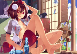 Rule 34 | 1girl, antique phone, bare legs, bare shoulders, barefoot, black hair, black panties, book, book stack, bottle, breasts, casual nudity, cleavage, corded phone, electric fan, feet, female focus, flower, hand fan, hand on own head, hat, hot, indoors, looking at viewer, mikan (bananoha), morning glory, no bra, no pants, ofuda, open mouth, panties, paper fan, phone, ramune, red eyes, rotary phone, see-through, shameimaru aya, shirt, sitting, small breasts, soles, solo, summer, toes, tokin hat, touhou, uchiwa, underwear, utility pole, wet, wet clothes, wet shirt, wind chime