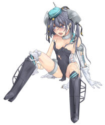 Rule 34 | 1girl, am3, aqua hat, black footwear, black one-piece swimsuit, black ribbon, blue eyes, commentary request, competition swimsuit, full body, garrison cap, gloves, grey hair, hair ornament, hair ribbon, hat, kantai collection, long hair, one-piece swimsuit, ribbon, rudder footwear, scamp (kancolle), side ponytail, simple background, sitting, solo, spread legs, star (symbol), star hair ornament, swimsuit, torn clothes, white background, white gloves