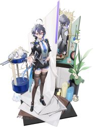 Rule 34 | 1girl, ahoge, ankle boots, ark royal (azur lane), artistic error, asymmetrical hair, azur lane, bad reflection, belt, black coat, black footwear, black ribbon, black shorts, blue hair, blue necktie, boots, bottle, brown thighhighs, buttons, closed mouth, coat, collared shirt, colored inner hair, crossed bangs, cup, flower, flower pot, foch (azur lane), foch (majestic majordomo) (azur lane), formal, french flag, full body, hair between eyes, hair ornament, hair ribbon, hand on own stomach, high heel boots, high heels, highres, indoors, knife, le malin (azur lane), long hair, long sleeves, looking at viewer, low ponytail, manjuu (azur lane), mirror, multicolored hair, necktie, official alternate costume, ohisashiburi, open clothes, open coat, paper, parted lips, perfume bottle, plant, planted, planted knife, planted weapon, plate, ponytail, potted plant, purple hair, red eyes, reflection, ribbon, rigging, shirt, shoes, short shorts, shorts, sidelocks, smile, standing, star (symbol), streaked hair, suit, table, tailcoat, teacup, teapot, thighhighs, tomboy, turret, two-tone hair, vase, vest, wanted, weapon, white flower, white shirt, zettai ryouiki