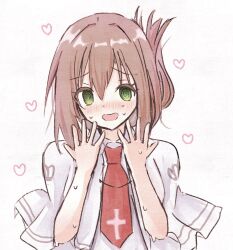 Rule 34 | 1girl, @ @, blush, brown hair, capelet, colored eyelashes, commentary request, cross print, embarrassed, folded ponytail, green eyes, hair between eyes, hands up, heart, looking at viewer, medium hair, necktie, nose blush, open mouth, print necktie, red necktie, sakaniwa t, school uniform, simple background, sketch, smile, solo, subarashiki hibi, sweat, tachibana kimika, tareme, upper body, white background, white capelet