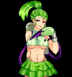Rule 34 | 1girl, bare shoulders, black background, breasts, fang, green hair, green skirt, high ponytail, highres, large breasts, looking at viewer, midriff, miniskirt, navel, personification, plants vs zombies, poison, pokra (plants vs zombies), ponytail, purple eyes, royaluyenruby, skirt, smile, solo, sweater, tongue, turtleneck, underboob