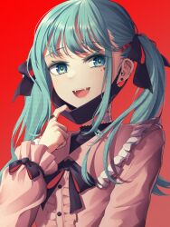 Rule 34 | 1girl, :d, aqua hair, bandaid, bandaid on neck, black ribbon, blue eyes, blush, buttons, commentary request, earrings, fangs, frilled shirt collar, frilled sleeves, frills, gradient background, hair ornament, hair ribbon, hairclip, hatsune miku, heart, heart hair ornament, highres, jewelry, jirai kei, long hair, long sleeves, looking at viewer, mask, mask pull, minu404, mouth mask, open mouth, pink shirt, red background, ribbon, ring, shirt, simple background, smile, solo, stud earrings, upper body, vampire (vocaloid), vocaloid