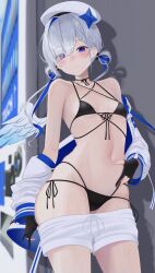 Rule 34 | 1girl, absurdres, amane kanata, amane kanata (work), angel wings, bare shoulders, bikini, black bikini, black gloves, blue hair, blush, breasts, clothes pull, cowboy shot, criss-cross halter, eyes visible through hair, gloves, halterneck, hat, highres, hololive, jacket, looking at viewer, multicolored hair, navel, off shoulder, parted lips, partially fingerless gloves, purple eyes, shirt, shorts, shorts pull, small breasts, solo, stomach, string bikini, swimsuit, thighs, tojo aoi, virtual youtuber, wet, white hair, white hat, white jacket, white shirt, wings