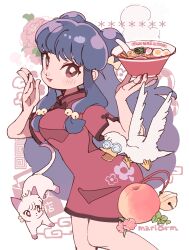 1girl artist_name bell bird blush bowl cat coke-bottle_glasses double_bun dress duck flower food glasses hair_bell hair_bun hair_ornament highres holding holding_bowl long_hair microdress mousse_(duck)_(ranma_1/2) purple_hair ranma_1/2 red_dress red_eyes shampoo_(cat) shampoo_(ranma_1/2) sidelocks yukikokoro