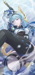 Rule 34 | 1girl, 2525 lynn, absurdres, arm up, black footwear, black gloves, black hairband, blue gloves, blue hair, blue necktie, boots, breasts, cape, chest harness, closed mouth, clothing cutout, commentary, cowboy shot, eula (genshin impact), from below, genshin impact, gloves, gradient background, gradient eyes, greatsword, hair between eyes, hair ornament, hairband, hand up, harness, high-waist shorts, highres, knee up, long sleeves, looking to the side, medium breasts, medium hair, multicolored eyes, necktie, purple eyes, shorts, shoulder cutout, sidelocks, snowflakes, solo, song of broken pines (genshin impact), sword, thigh boots, thighs, two-tone gloves, vision (genshin impact), weapon, white sleeves, wide sleeves