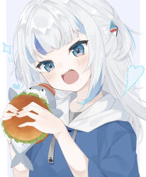 Rule 34 | 1girl, bloop (gawr gura), blue background, blue eyes, blue hair, blue hoodie, blunt bangs, blush, burger, commentary, creature, drooling, english commentary, food, gawr gura, gawr gura (1st costume), hair ornament, heart, highres, holding, holding food, hololive, hololive english, hood, hoodie, kaede (kaede desu107), medium hair, multicolored hair, open mouth, shark hair ornament, sharp teeth, silver hair, solo focus, sparkle, streaked hair, teeth, two side up, upper body, upper teeth only, virtual youtuber, wide sleeves