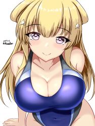 Rule 34 | 1girl, black one-piece swimsuit, blonde hair, blue one-piece swimsuit, blush, breasts, cleavage, competition swimsuit, covered navel, dated, double bun, fletcher (kancolle), hair between eyes, hair bun, hairband, highres, kantai collection, large breasts, long hair, looking at viewer, montemasa, one-piece swimsuit, purple eyes, simple background, sitting, smile, solo, swimsuit, twitter username, two-tone swimsuit, white background