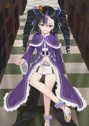 Rule 34 | 1girl, absurdres, beatrice (re:zero), belt, black hair, breasts, capelet, cosplay, crossed legs, crown, dress, drill hair, earrings, fur-trimmed capelet, fur trim, goddess of victory: nikke, grin, hair ribbon, highres, jewelry, library, long hair, mini crown, mole, mole under eye, multicolored hair, nagato tsumugu, purple capelet, purple dress, purple eyes, purple hair, purple ribbon, re:zero kara hajimeru isekai seikatsu, ribbon, sitting, skirt, small breasts, smile, solo, streaked hair, syuen (nikke), triangle earrings, twin drills, white skirt